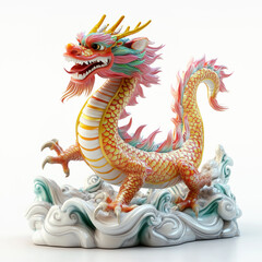 Fototapeta premium Dragon sculpture with golden scales, perched on dynamic waves isolated on white transparent background