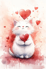Cute illustration of a white cat with valentines day hearts against a white red background 