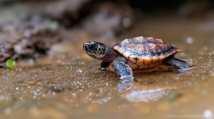 Obraz premium Baby turtle near water, rainforest background, wildlife photography