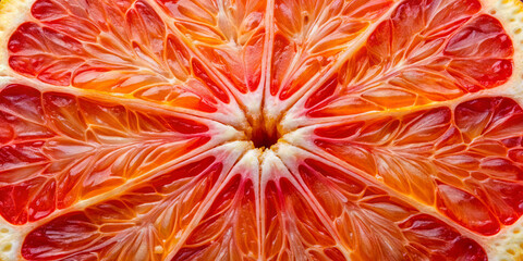 Close-up view of a citrus fruit cross-section reveals intricate patterns and vibrant colors. The bright orange and red segments create a stunning visual display of natural beauty