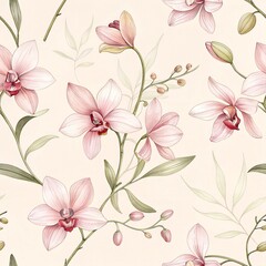 An exquisite watercolor illustration of delicate orchids featuring soft pink petals and minimal leaves. They are gently scattered across a light beige background. The orchids are rendered with a gentl