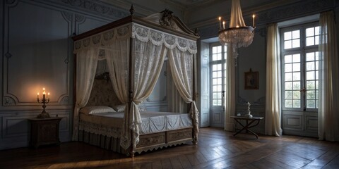 Historical bedroom with a four-poster bed and elegant decor in a dimly lit space during evening hours