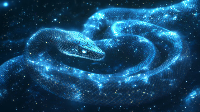 An ethereal glowing snake weaves through a starry night backdrop, creating a captivating image of celestial artistry and digital elegance in cosmic harmony. Celestial Starry Night. Illustration