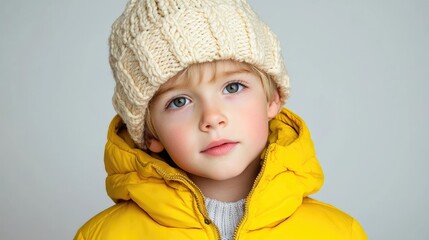 Child in yellow jacket and hat, winter portrait