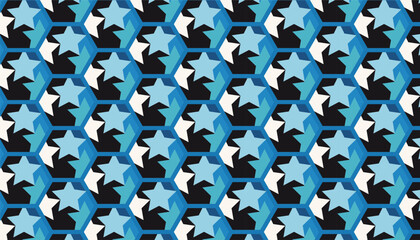 Fototapeta premium Abstract geometric pattern combination of blue, white and black star shapes