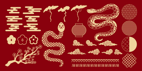 Chinese lanterns, frames, year of the snake. Traditional element decoration in Chinese style. Ornament. Trendy modern design. Line art. Japanese.  Chinese New Year. Sakura. Oriental geometric shape