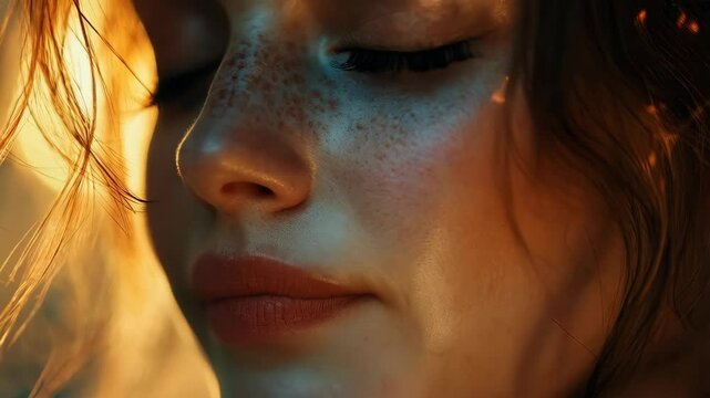 Face close up of upset freckled redhead young woman with closed eyes showing offense and disappointment on warm bokeh background. Concept of emotional hurt and dissatisfaction