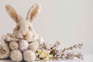 Obraz premium Cheerful Easter bunny on white background with vibrant pastel eggs.