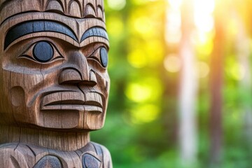 Intricate wooden totem pole standing tall in a lush green forest with soft sunlight filtering through the trees