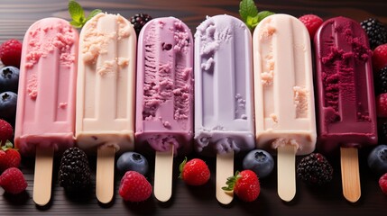 Refreshing berry popsicle with pink and purple tones, perfect for hot summer days, studio view.