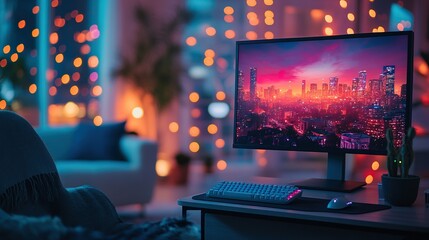 Obraz premium Cozy room computer displaying cityscape at sunset with festive lights