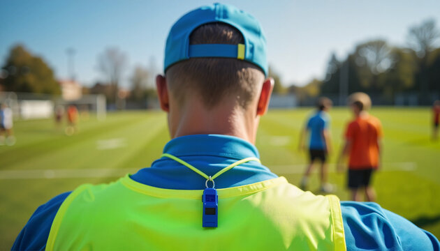 Coach observing players on sports field in sunlight, athletic spirit - Powered by Adobe