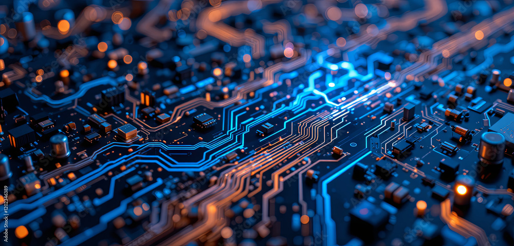 Poster detailed visualization of a circuit board with interconnected pathways and microchips illuminated by