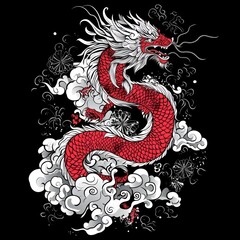 Red and white dragon floats above clouds, fantasy illustration for design or art