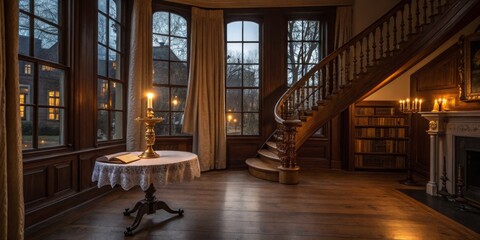 Elegant interior of a vintage home with grand staircase and soft candlelight during twilight hours