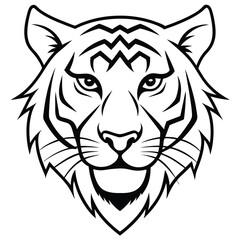 A fierce and majestic tiger head drawn in minimalist line art style, highlighting sharp angles and intense eyes to represent power and courage.