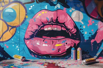 Colorful pop art mural features large lips and bubbles, with spray cans and stencils scattered around a creative space
