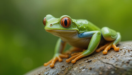 A vibrant green frog with striking orange eyes sits on a log, surrounded by rich foliage. Sunlight filters through leaves, creating a lively outdoor atmosphere