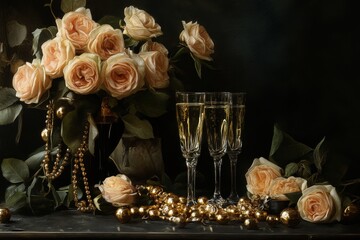 Fototapeta premium Champagne and Roses Celebration Still Life with Gold Beads Against Dark Backdrop Elegant Festive Scene
