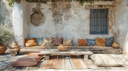 Enjoy this lovely outdoor space with bright cushions and a rustic table bathed in soft natural light