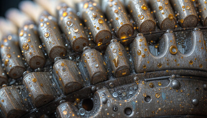 A detailed view of metal gears with droplets on the surface showcases the fine textures and precision of engineering. The close-up reveals the complex design and craftsmanship involved