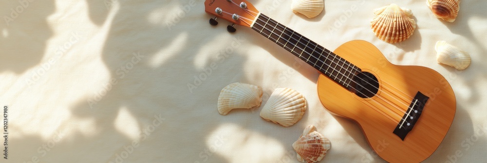 Poster ukulele lies on a beige sheet, adorned with seashells, bathed in the warm glow of sunlight filtering