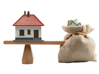 Isolated House and Bag with Money on Wooden Scale, Colored