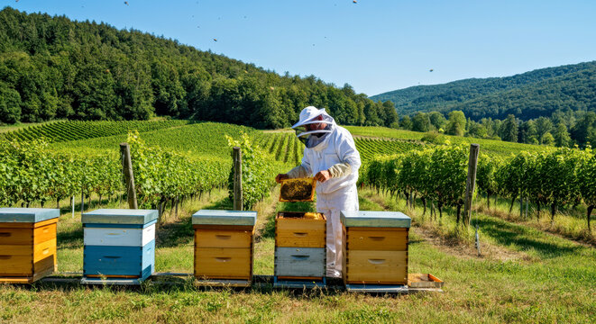 Beekeeper Tending to Colorful Beehives in a Picturesque Vineyard - Powered by Adobe