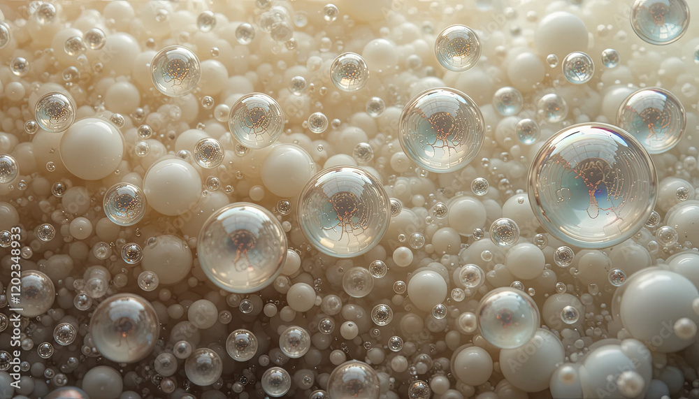 Poster transparent bubbles of various sizes rise and cluster above a creamy surface, creating an intriguing