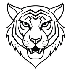 A fierce and majestic tiger head drawn in minimalist line art style, highlighting sharp angles and intense eyes to represent power and courage.