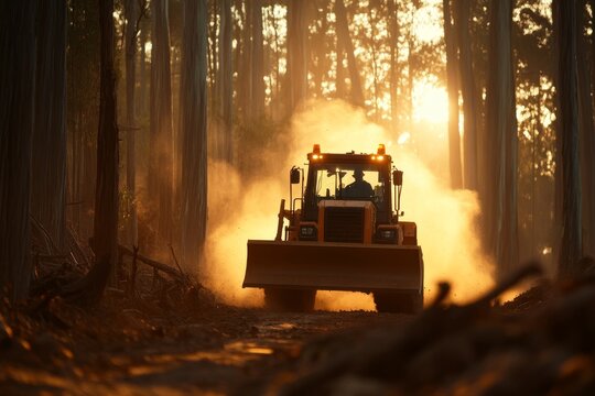 Heavy machinery clears a forest trail at sunset with dust filling the air and towering trees in the background