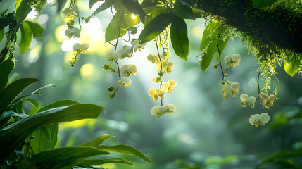 A photo of orchids growing naturally in the wild, hanging from tree branches in a tropical rainforest, with soft light filtering through the canopy, shot with a telephoto lens