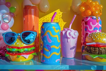 Fototapeta premium A shelf displays vibrant pop art sculptures of everyday items, creating an imaginative scene under soft light