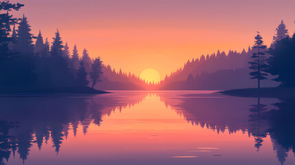 Reflection of sunset colors in calm lake waters, peaceful, sunset, serene. Serene Sunset Reflection. Illustration