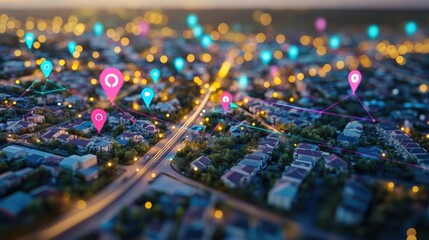 Obraz premium A detailed satellite view zooming in on a neighborhood with colorful markers illustrating the connections between microfactories and community hubs emphasizing their accessibility.