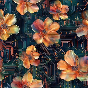 Abstract flowers made from interlocking circuit board patterns in 3D . Seamless abstract 3d pattern background