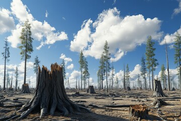 Obraz premium Devastating aftermath of deforestation in a once lush forest landscape under a bright blue sky