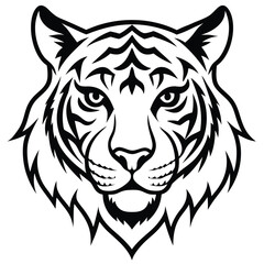 A fierce and majestic tiger head drawn in minimalist line art style, highlighting sharp angles and intense eyes to represent power and courage.