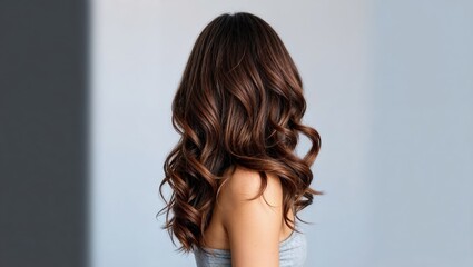 Naklejka premium Portrait of a woman with beautiful wavy shiny hair side view. Brunette on a dark background