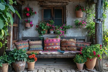 A rustic veranda features a low bench with vibrant ethnic-patterned cushions, surrounded by blooming herbs and flowers
