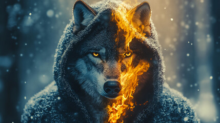 Fototapeta premium Wolf with fire and ice elements in a mystical forest setting during twilight