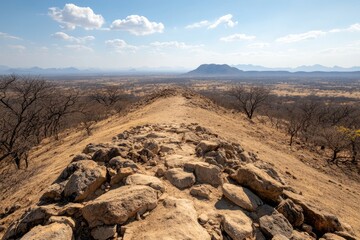 Obraz premium Scenic view from rocky hilltop overlooking vast landscape and distant mountains during daytime under clear sky