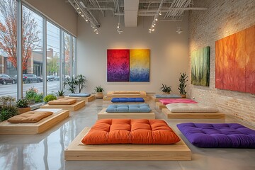 Modern Zen Waiting Area With Colorful Artwork And Cushions
