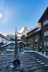 Snowy Matterhorn Peak on a Sunny Day Seen from Zermatt, Switzerland – Iconic Alpine Landscape