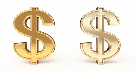 Obraz premium Two dollar sign icons, one in solid gold and the other with a white background, representing money, wealth, and financial concepts