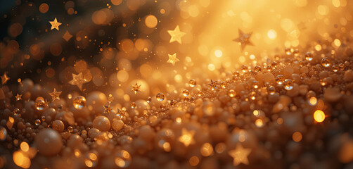 A stunning display of golden stars and sparkling droplets fills the air, creating a magical ambiance reminiscent of a festive celebration or enchanting evening