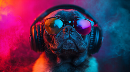 Cool dog wearing sunglasses and headphones poses in colorful neon lights