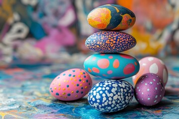 Fototapeta premium Colorful Easter eggs stacked creatively in an artistic arrangement during spring celebration