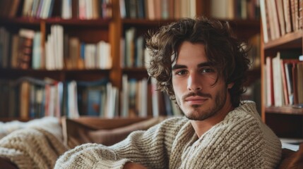 Handsome Man Relaxing in Library with Books Around Him