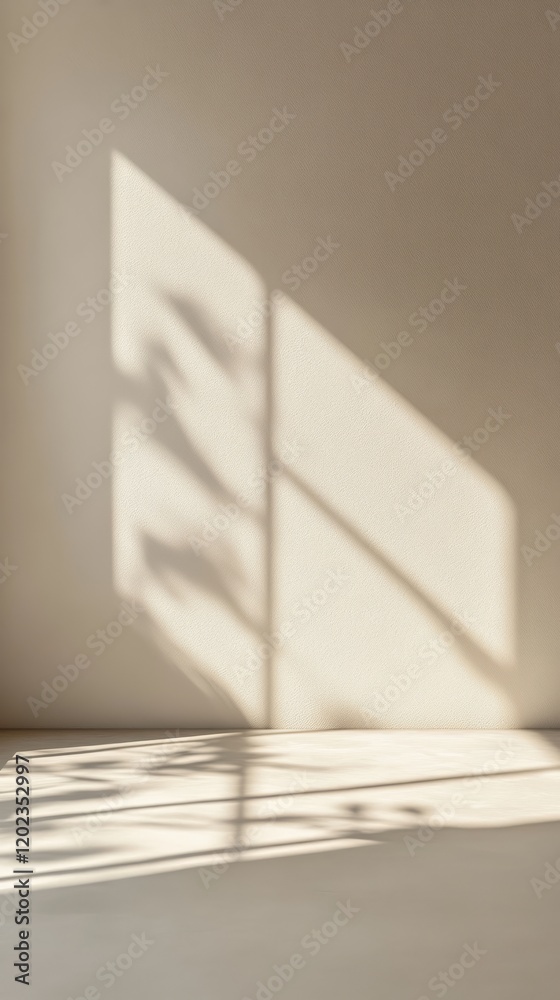 Poster Sunlight is streaming through a window, casting an elegant shadow on a beige wall and floor, creating a serene and minimalist atmosphere ideal for product placement or design mockups